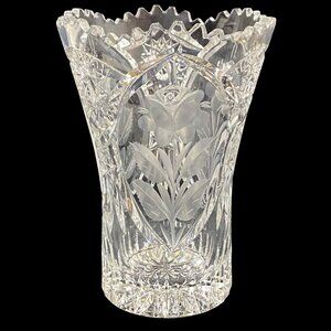 Antique American Brilliant Period Cut Glass Vase Etched Rose Stem ABS Small